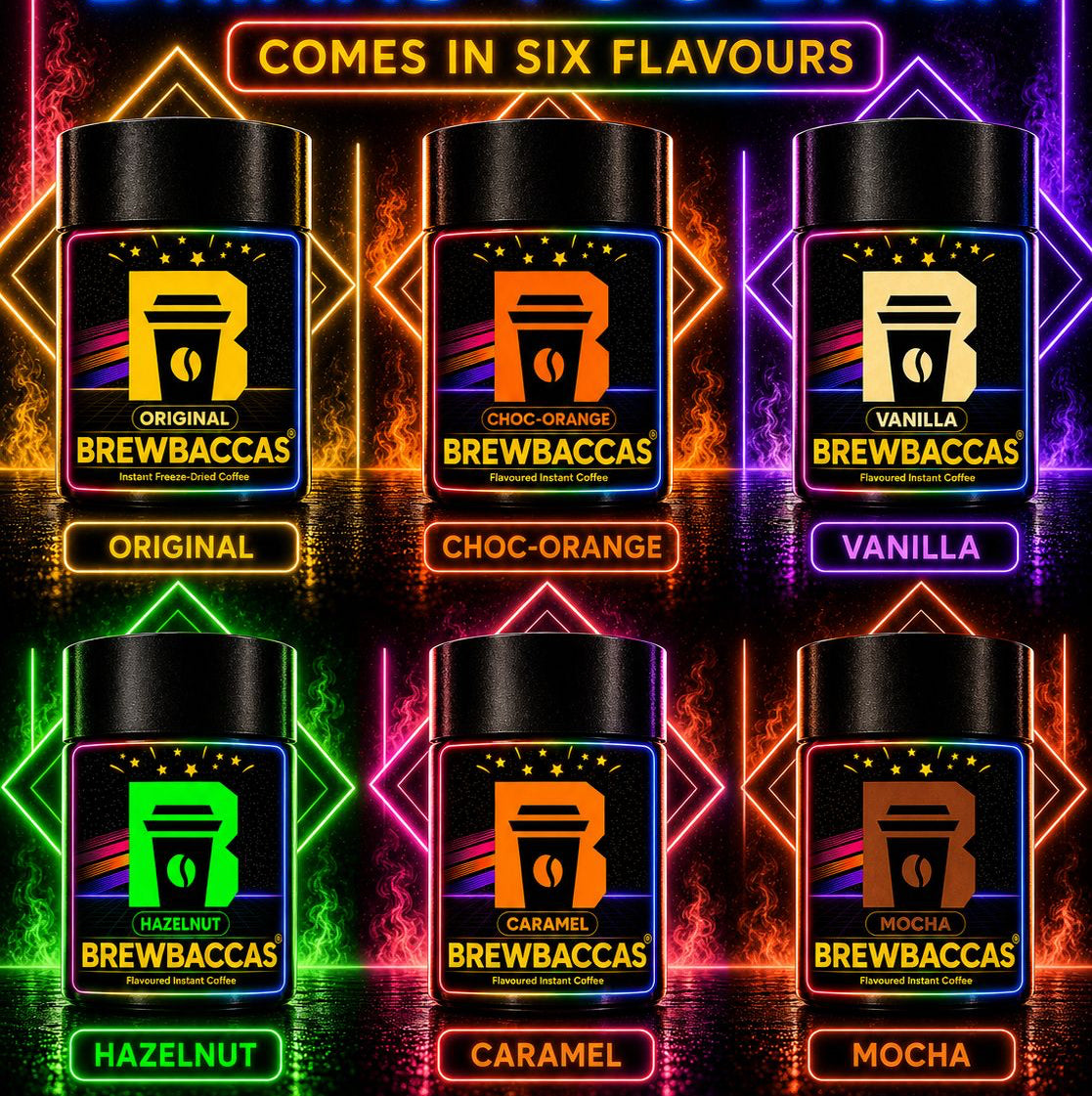 6 Pack of Flavoured Coffee - 6 x 50g Original, Caramel, Hazelnut, Mocha, Chocolate-Orange, Vanilla