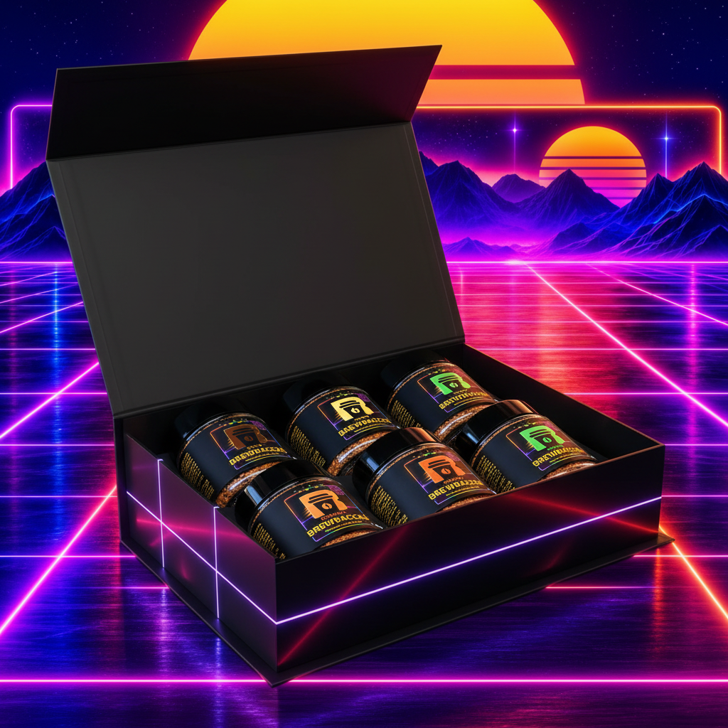 Gift box open with six Brewbaccas jars inside